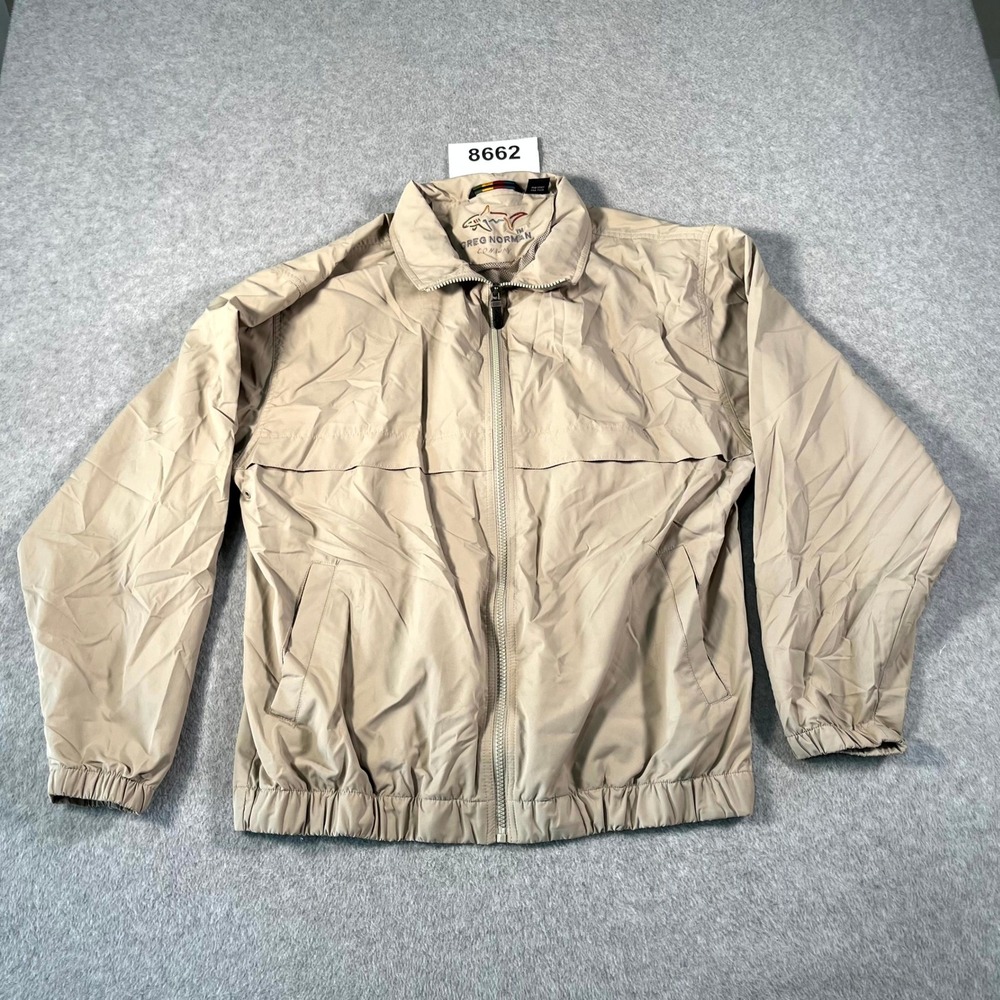 Greg Norman Golf Windbreaker Jacket Mens Medium Tan Mesh Lined Full Zip Casual